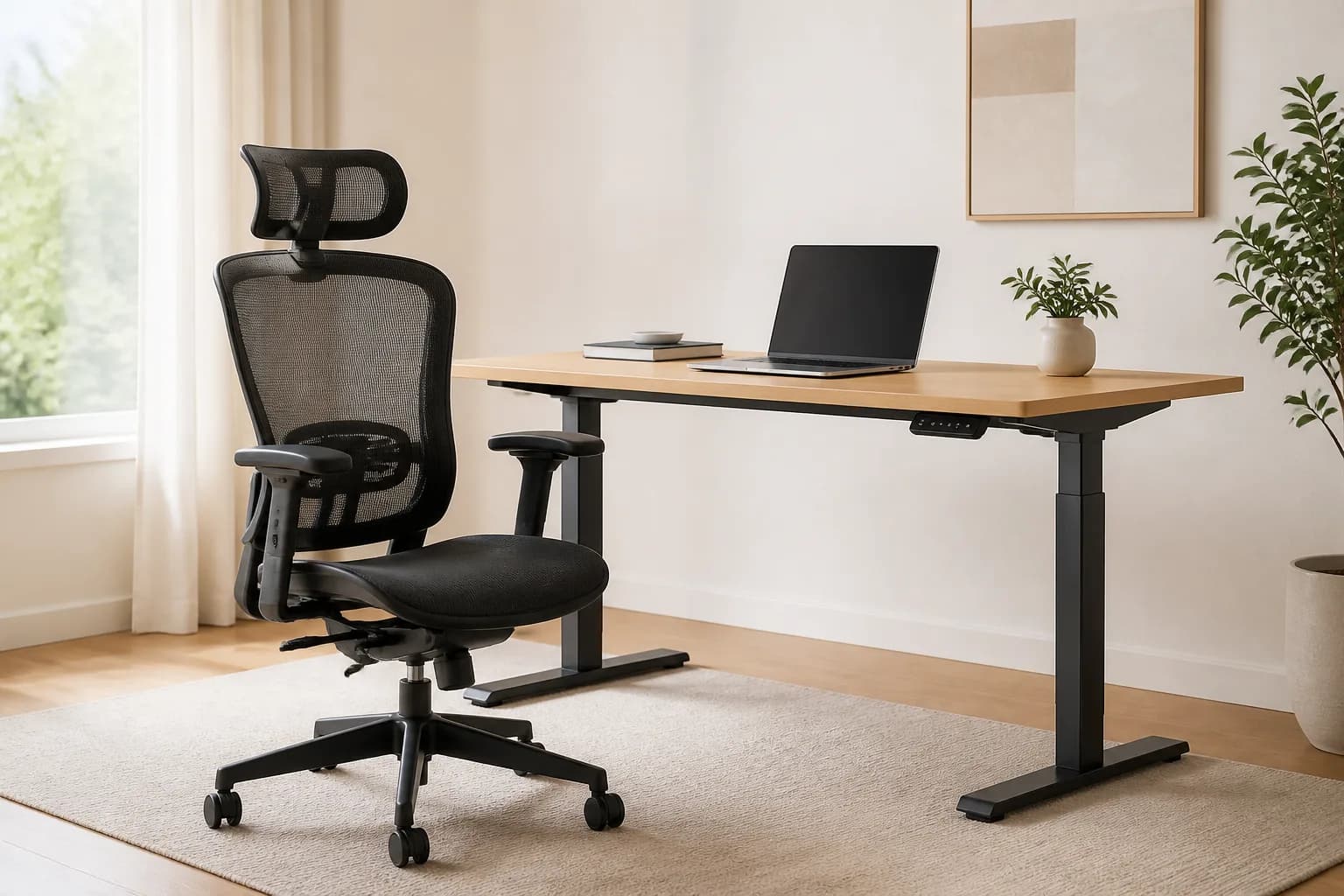 Ergonomic chair and height-adjustable desk arranged in a bright workspace