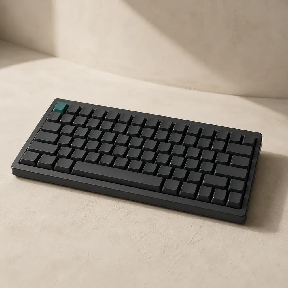 Minimal keyboard on a warm desktop