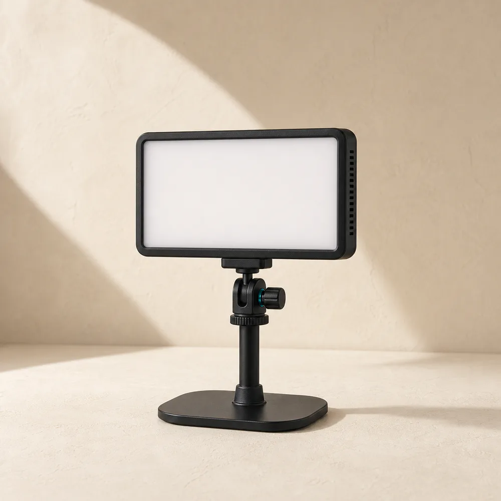 Compact video light beside a desktop setup