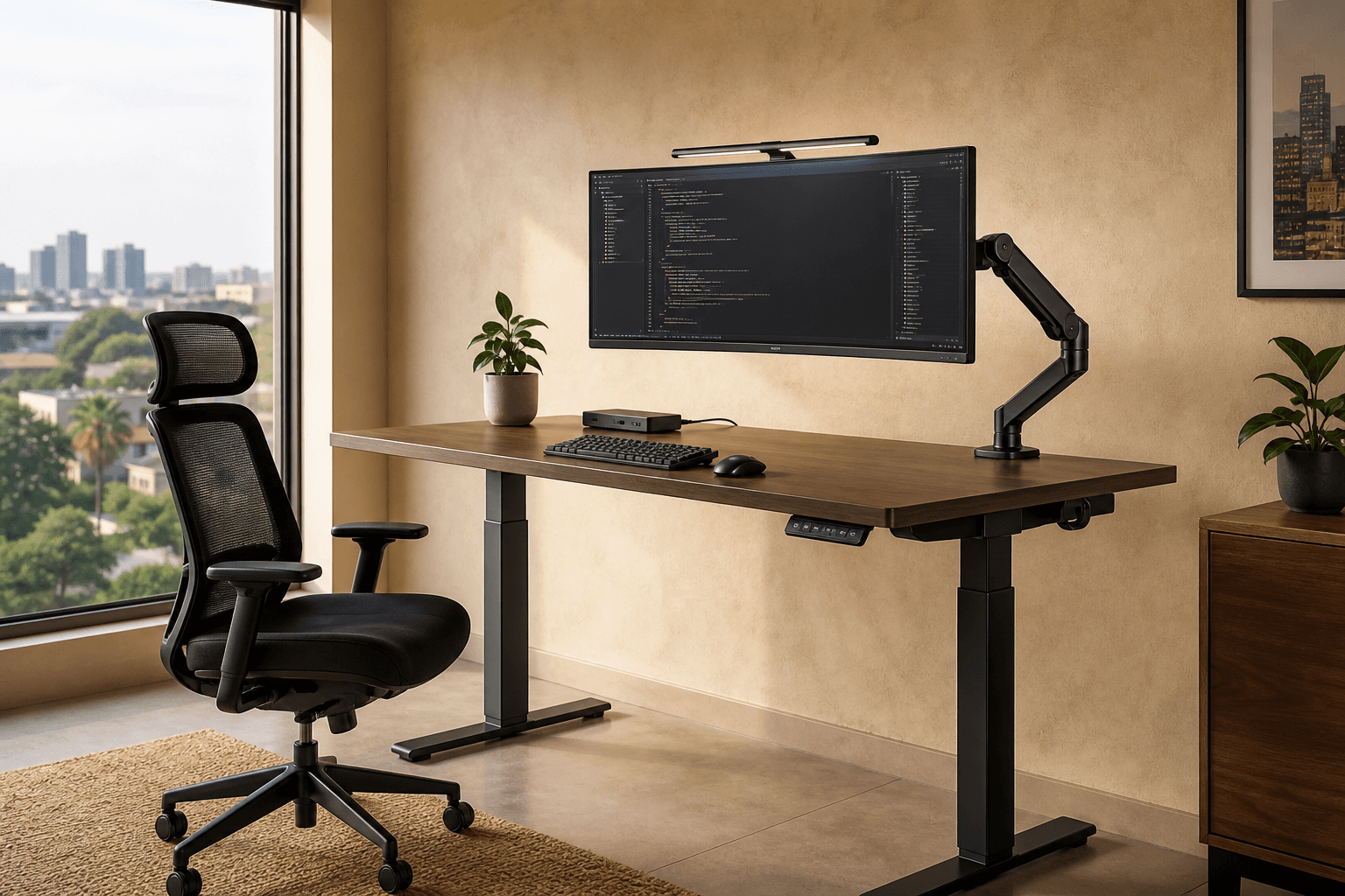 Dual-motor adjustable desk with ultrawide monitor on a heavy-duty arm