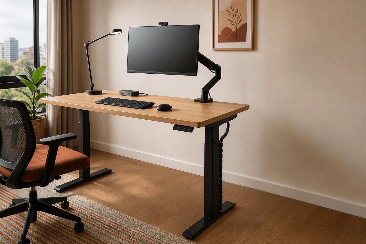 Complete workspace with an adjustable desk, monitor arm, and ergonomic chair