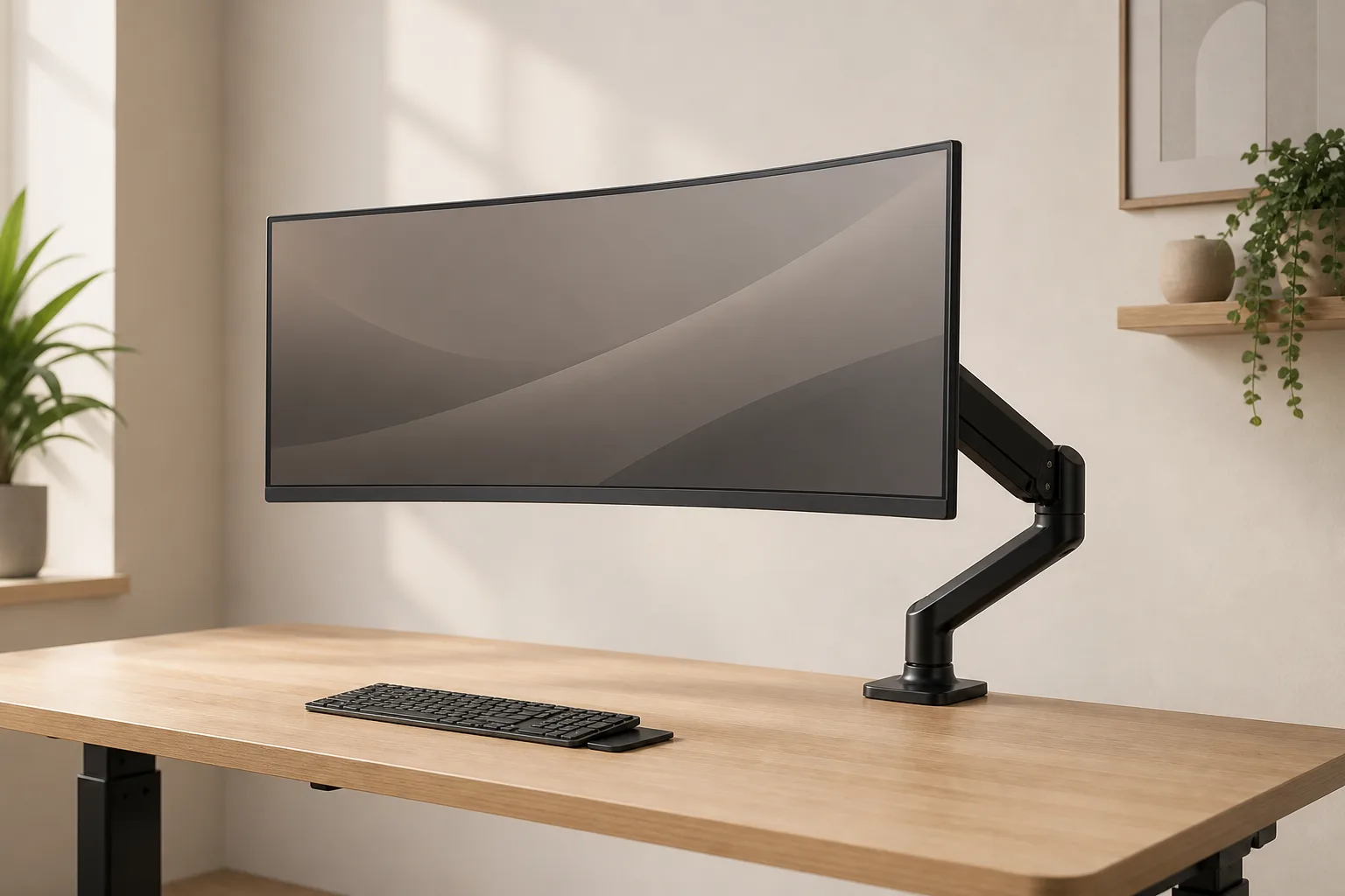 Ultrawide monitor mounted on an adjustable arm above a clear wooden desk
